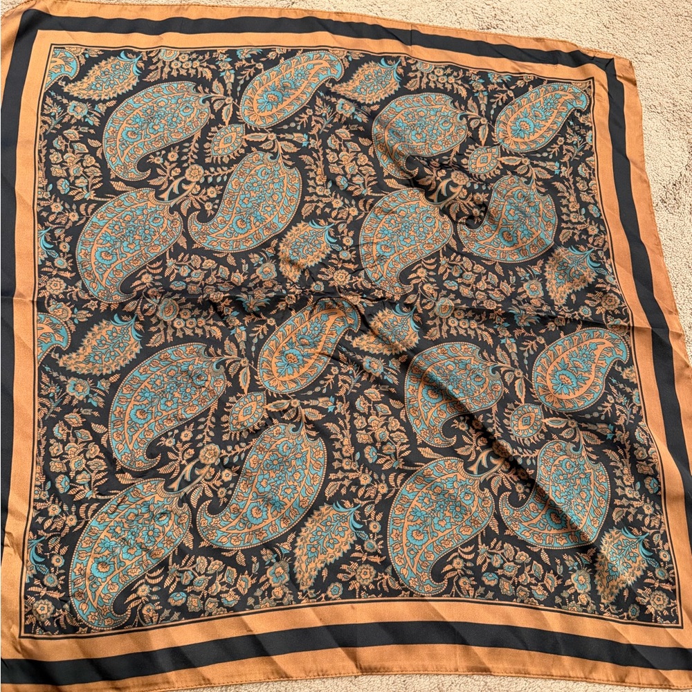 Anthropologie Paisley Silk-Look Square Scarf in Black, Teal & Browns